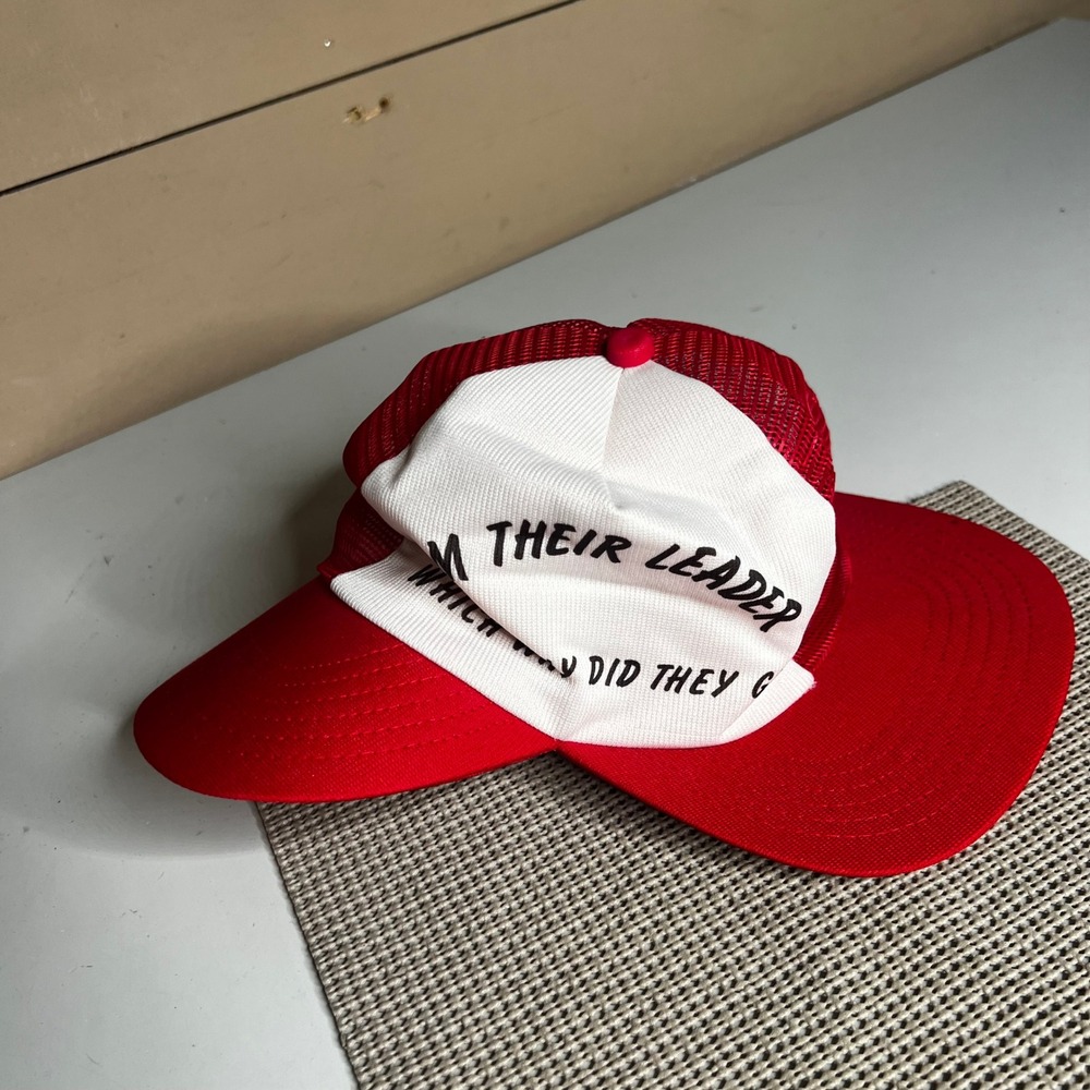 Vintage Im Their Leader Which Way Did They Go Trucker Hat Red White Made in USA